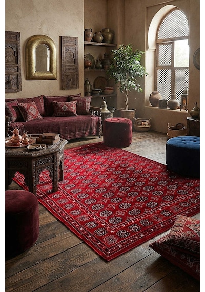 Afghan Antik Desenli Otantik Görünümlü Esoteric Vintage Kırmızı Halı Af05 Mavi-kırmızı