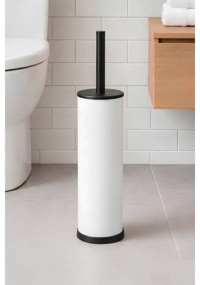 Sas Haus Metal Tuvalet Fırçası - Modern Banyo Klozet Fırça Takımı - Kapaklı Tasarım Titan Beyaz 7000 Beyaz