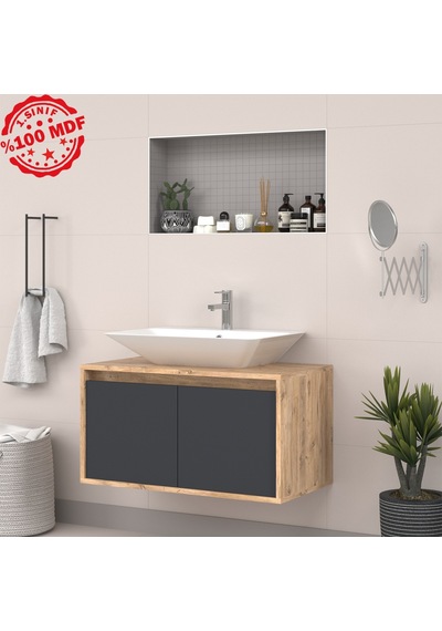 Banos Roomart 2 Kapaklı Lavabolu Ahşap-Antrasit Mdf 85Cm Banyo Antrasit