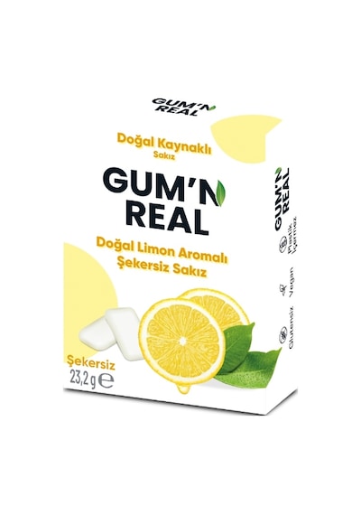 Gum'n Real - Doğal Limon Aromalı Şekersiz Sakız - 23.2 Gram - 8 Adet