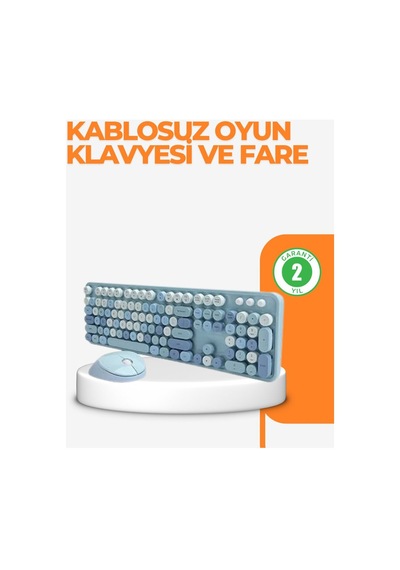 Kablosuz Retro Klavye Ve Mouse Seti 104 Tuşlu Sevimli Tasarım - Karbul4505-2842 Renkli