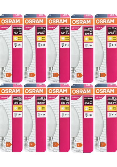 10 Adet Ledvance 7,5w Sarı Işık 2700k E14 Duylu İnce Duy Led Ampul