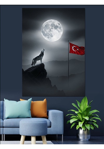Ahşap Tablo Ay Işığında Uluyan Kurt Ve Bayrak