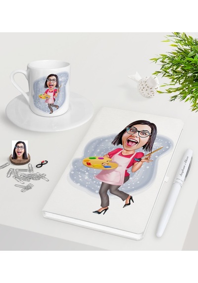 Kişiye Özel Bayan Ressam Karikatürlü Beyaz Defter Kalem Türk Kahv