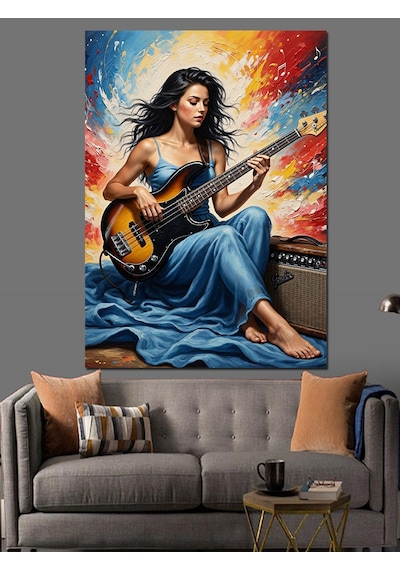 Ahşap Tablo Gitar Çalan Kadın Müzisyen