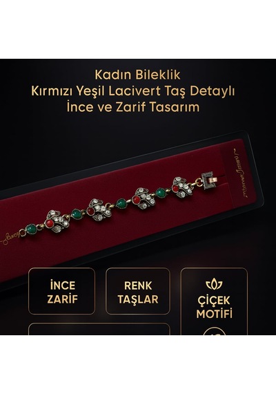 Kadın Bileklik Kırmızı Yeşil Lacivert Taş Detaylı İnce Ve Zarif Tasarım Altın - Çok Renkli