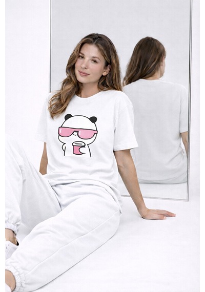Sevgili Kombini Panda Bardak Baskılı Çift Tişört Oversize Unisex Beyaz