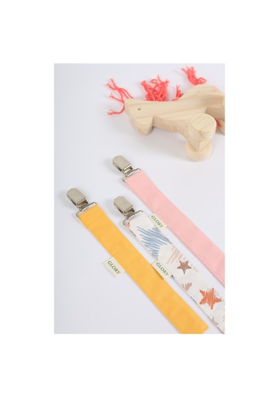 Emzik Askısı - Emzik Zinciri - Emzik Tutacağı - 3'lü Set - %100 Pamuk - Sarı, Yıldız Desenli, Pembe