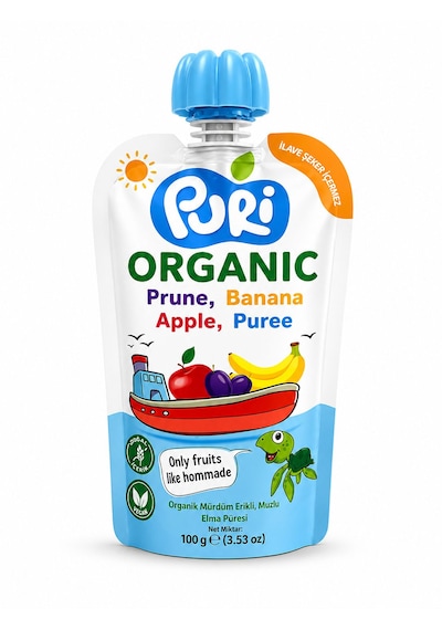 Organic %100 Organik Meyve Püresi Mürdüm Erik Muz Elma 100 G İlave Şekersiz