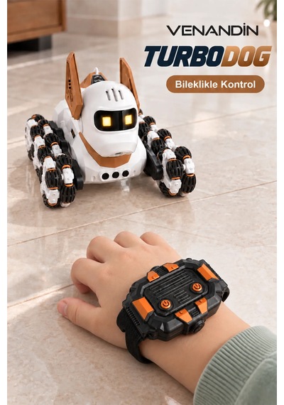 Venandin Turbo Dog Uzaktan Kumandalı Akrobatik Robot Köpek - 8 Tekerlekli, Bileklik Kontrollü, Işıklı Şarjlı Akıllı Oyuncak