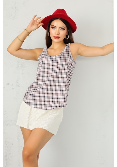 Lupinn Moda Kadın Kare - Ekose Desenli Kolsuz Yazlık Bluz Şık Ve Rahat Tasarım Beyaz