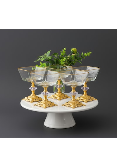 Çnr Home Collection Kare 6 Parça Döküm Ayakli Sunum Seti Magnolia Dondurmalik Cup Çerezlik Gold