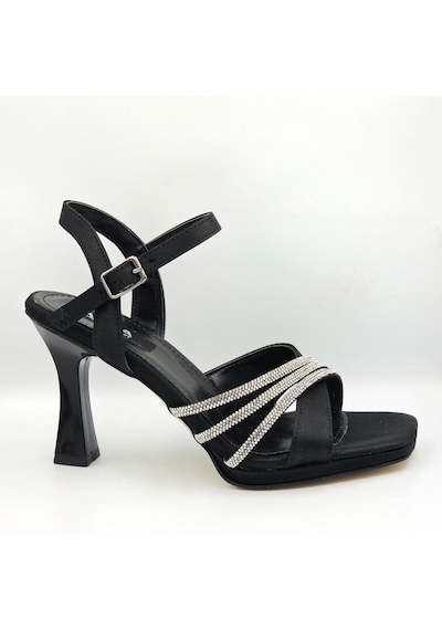 Asya 104070 Siyah Saten Taş Detaylı Platform Topuklu 8cm Kadın Abiye Sandalet Ayakkabı