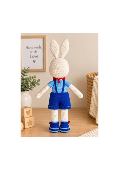 El Yapımı Amigurumi Tavşan Oyuncak Mavi Tulumlu Kırmızı Papyonlu 48 Cm
