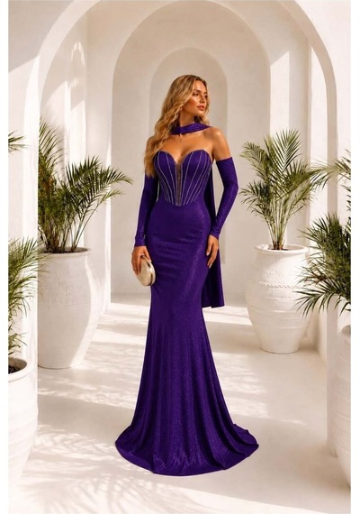 Lior Design Kadın Modern Tasarım Simli Kumaş Asimetrik Yaka Dekolteli Maxi Abiye Elbise Mor