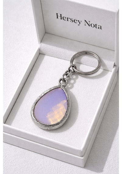Gümüş Renk Opalit Damla Kesim Doğal Taş Anahtarlık I Unisex Metal Tasarım