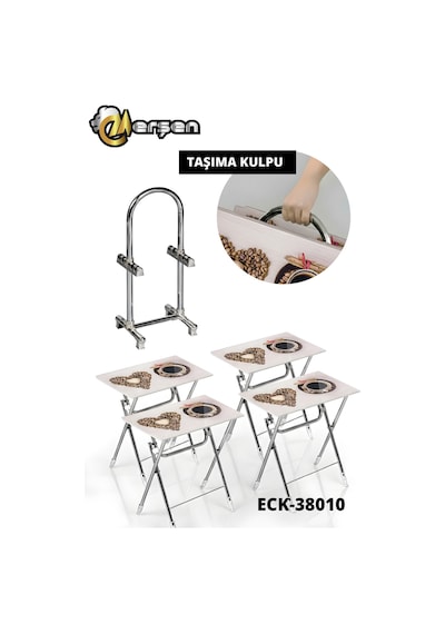 Eranş Serisi 4'lü Katlanır Cam Kahve Desen Çanta Zigon Sehpa Krom Ayak Kahve Desen