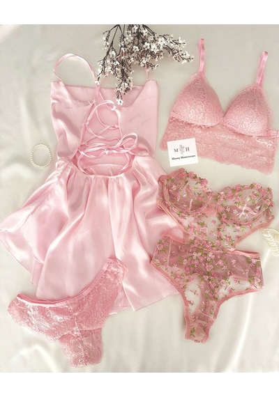 Mh Moony Homewears Kutulu Lavenue Saten Gecelik İç Giyim Tulum Çeyiz Seti Pembe