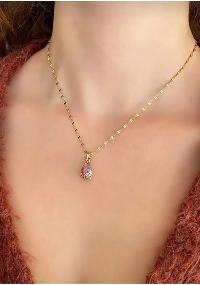 Lunarie Pembe Damla Taşlı Kolye 14k Gold Kararmaz Çelik Zarif