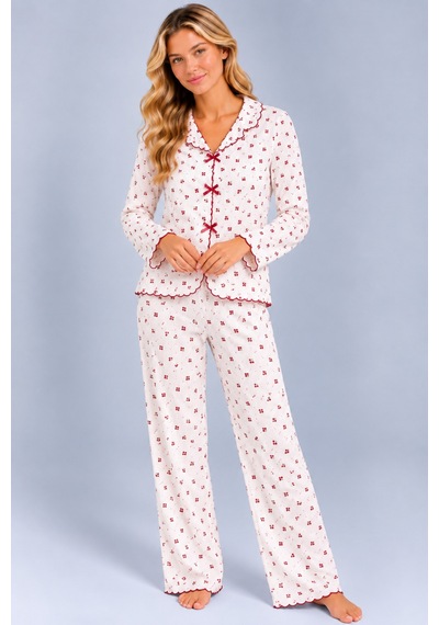 Pijamask Kadın Desenli Fiyonk Detaylı Düğmeli Uzun Kollu Müslin Pijama Takımı Bordo
