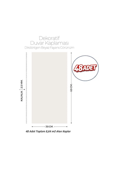 30x60 Cm Kendinden Yapışkanlı Duvar,banyo,tezgah Arası Kırık Beyaz Desen -48 Adet 8811-48