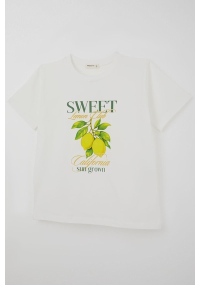 Breeze Kız Çocuk Kısa Kollu Tişört Limon Baskılı 9-14 Yaş , Ekru