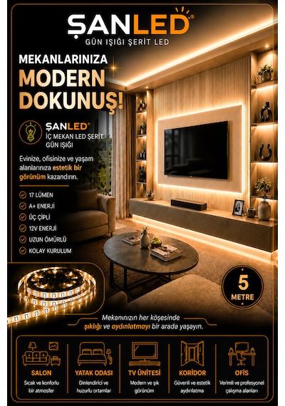 3 Çipli Şerit Led Gün Işığı Rengi 12v 5 Metre