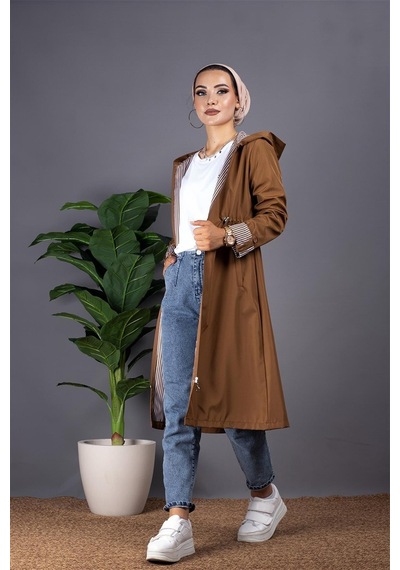 Sevitli İçi Çizgili Trençkot-kahverengi-1298-kahverengi Kahverengi