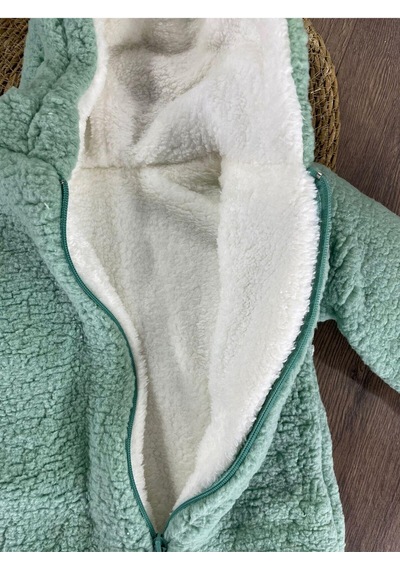 101 Dalmaçyalı Çift Kat Wellsoft Kürklü Tavşan Kulak Unisex Kışlık Bebek Tulum Yeşil