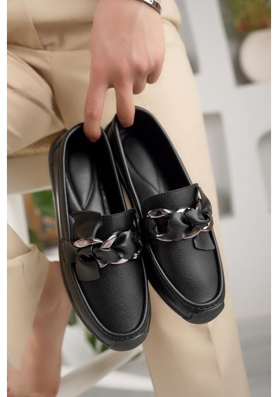 Nesil Shoes Ceylan 57 Siyah Zincir Tokalı Kadın Ayakkabı-siyah Siyah