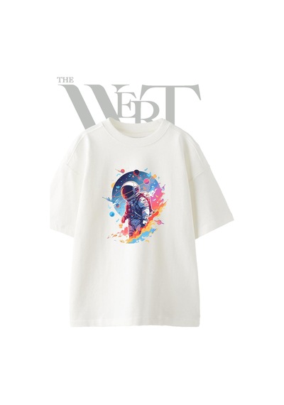 Thewert Astronaut Space Tasarım Baskılı Ünisex Beyaz Oversize T-shirt