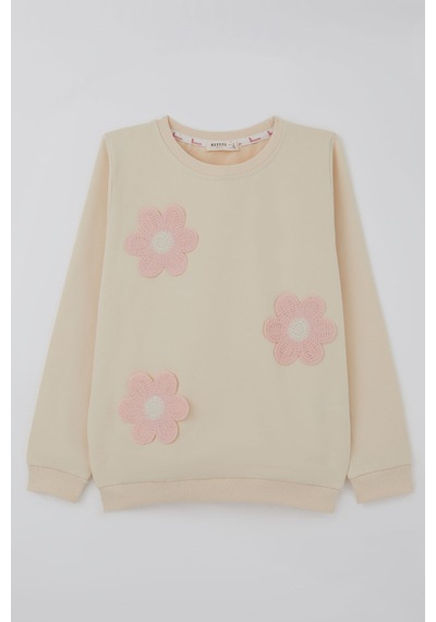 Breeze Kız Çocuk Sweatshirt Triko Papatya Aplikeli 4-8 Yaş , Krem