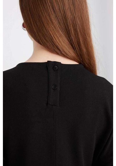 DeFacto Relax Fit Bisiklet Yaka Krep Uzun Kollu Maxi Siyah Elbise D7485AX24WNBK81 Siyah