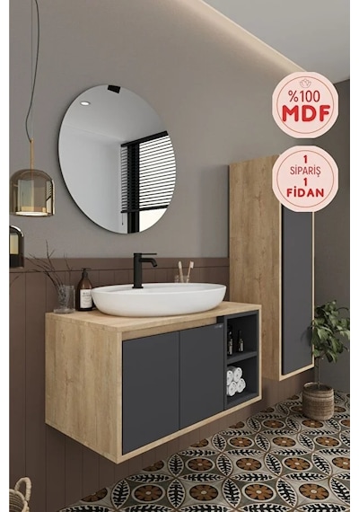 Gül 80 Cm %100 Mdf Lavabolu Banyo Dolabı Ayna Alt Dolap Lavabo Boy Dolabı Antrasit