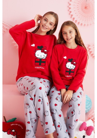 Siyah İnci Lisanslı Polar Çok Renkli Nakışlı Bisklet Yaka Pijama Takım Hk310 Kırmızı