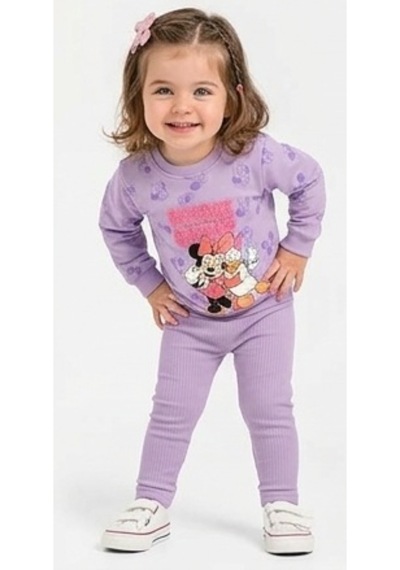 İrem Kız Bebek Mickey Desenli Yazı Nakışlı Lila Renk Sweatshirt Tayt Takımı