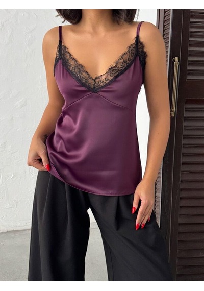 Ckm Moda Noiria Siyah Dantel Detaylı Saten Askılı Kadın Atlet Mürdüm