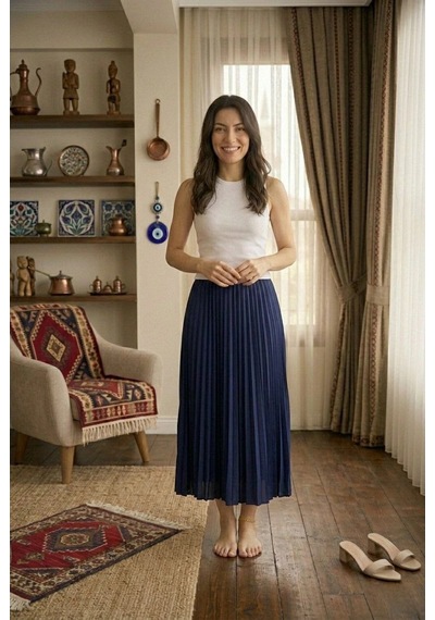 Wear Vexel Kadın 90 Cm Saten Kumaş Pliseli Midi Etek Şık Ve Zarif Tasarım - Lacivert Çok Renkli