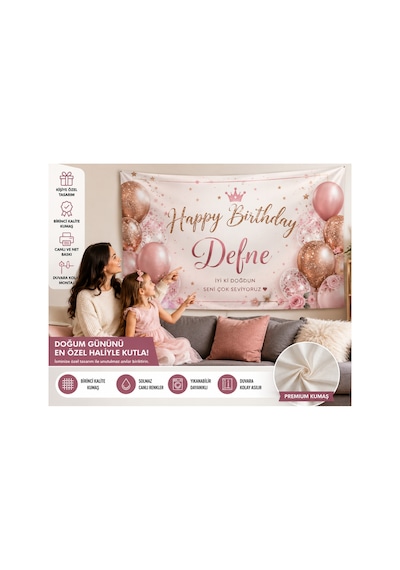 Sürpriz Hediyeli Kişiye Özel Doğum Günü Happy Birthday Duvar Örtüsü Birinci Kalite Kumaş