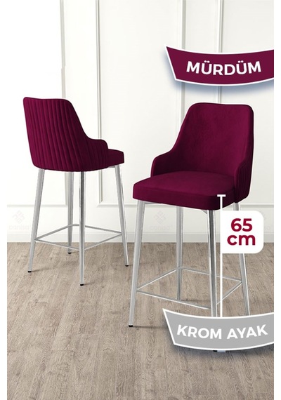 Canisa Tera Serisi 4 Adet Babyface Kumaş 65 Cm Krom Kaplama Ayaklı Mürdüm Bar Sandalyesi Mürdüm Sandalye Krom Kaplama Ayak