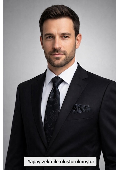 Gaffy Gri Şal Desenli Siyah Dokuma Kumaş Mendilli Slim Fit Kravat // Sdk-2604-3 Gri
