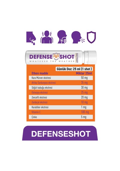 Defense Shot Kara Mürver, Afrika Sardunyası, Zencefil İçeren Gıda Takviyesi 2 X 7 Shot