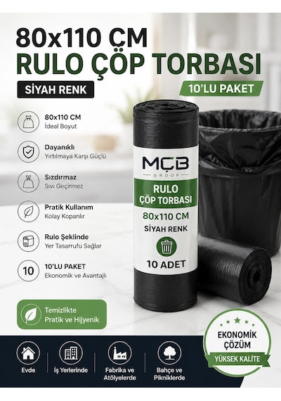 Jumbo Boy Rulo Çöp Torbası 80x110 Cm Siyah 10'lu Paket Dayanıklı Çöp Poşeti