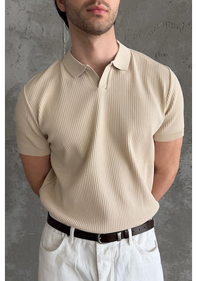 Erkek Petek Desen Polo Yaka Triko T-shirt Bej