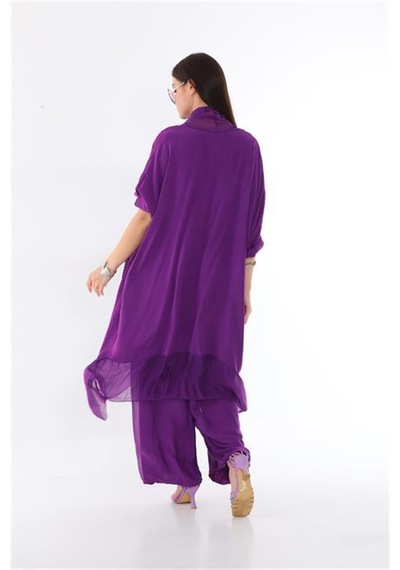 Italyan Ipek Detaylı Oversize Kap Bluz- Wes Pantolon Takım Mor