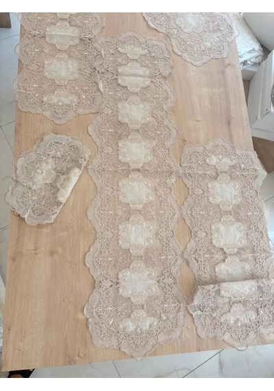 Salon Takımı Çeyizlik Krem Runner Set 5 Parça Keten Ranır Masa Konsol Sehpa Örtüsü Orkide Çok Renkli