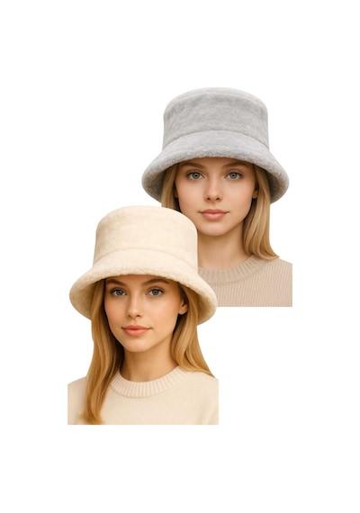 Uniquetrenders Kadın Ayarlanabilir Peluş Bucket Kova Şapka 2'li Set Gri - Ekru