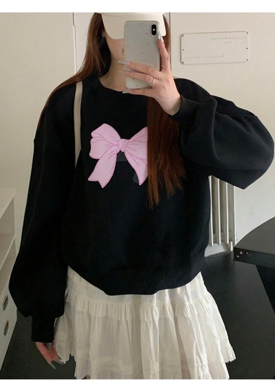 Startmore Block Bow Print Crew Neck Long Sleeve Black Sweatshirt,fall Clothes Çok Renkli