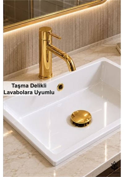 İz Yapı Felix Paslanmaz Pop-up Lavabo Gideri Taşma Delikli Altın Üniversal Sızdırmaz Somunlu Parlak Altın