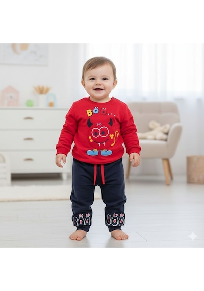 İkili Baskılı Bebek Takımı Kırmızı